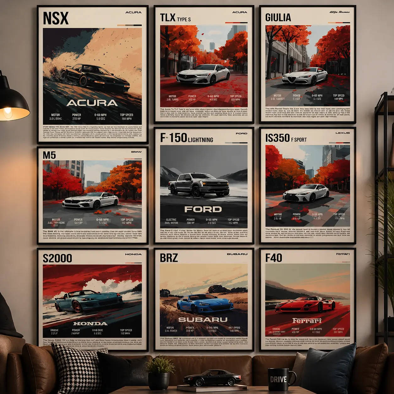 Vintage Sports Car Canvas Wall Art |   Classic Pickup Truck & Luxury Car Poster Print for Garage, Man Cave, Office, Living Room & Automotive Home Decor