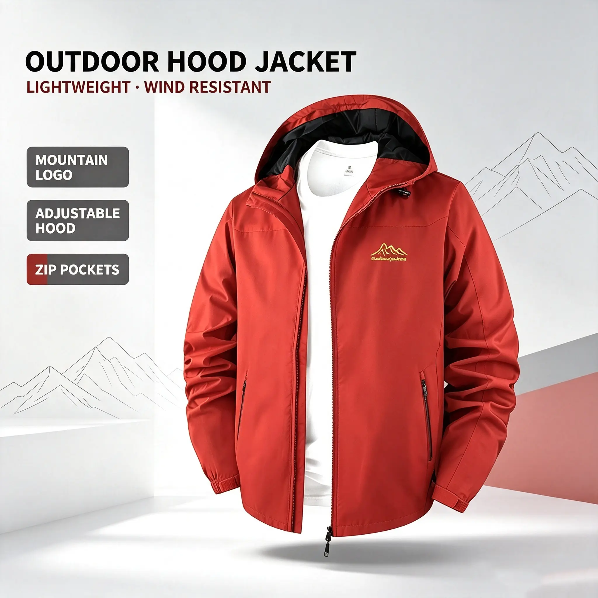 Men Mountain Embroidery Hooded Windbreaker Waterproof Outdoor Hiking Zip Up Casual Jacket