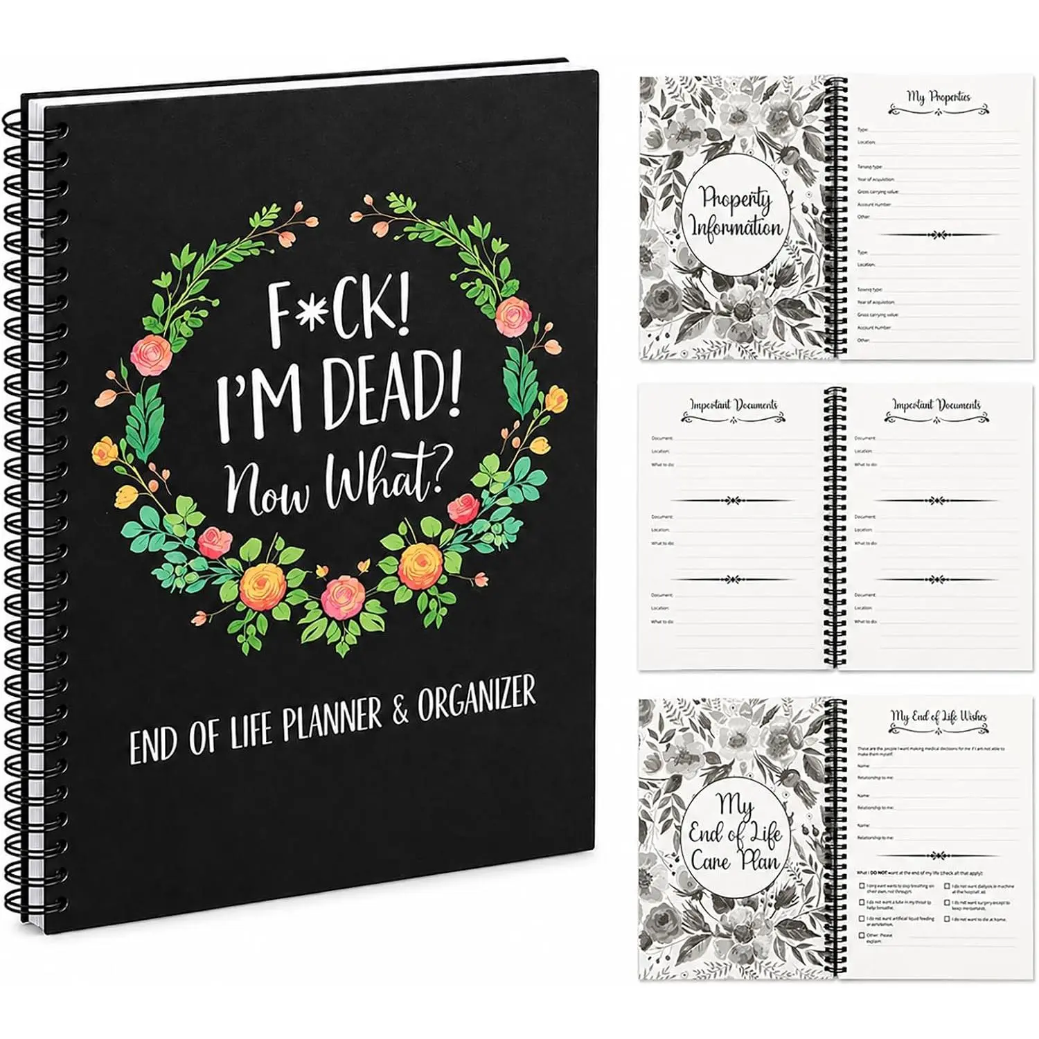 Funny End of Life Planner Binder, Final Wishes Document Organizer | 8 x 11 in, 143-page spiral planner for passwords,  contacts, financial accounts, estate details, and final wishes.