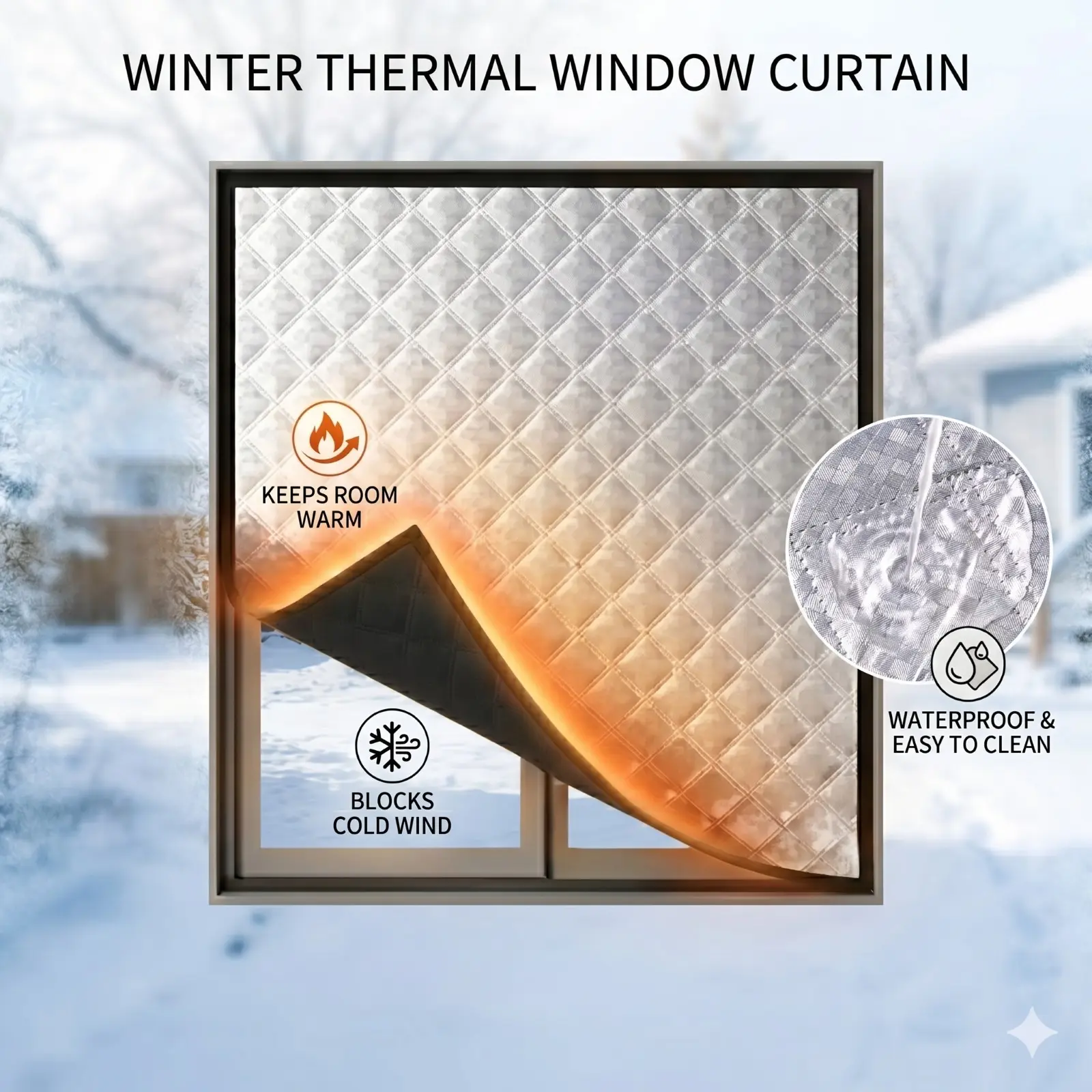 Winter Windproof Thermal Window Curtain, Thickened Insulated Draft Blocker, Self-Adhesive No-Drill Installation, Energy Saving & Noise Reduction