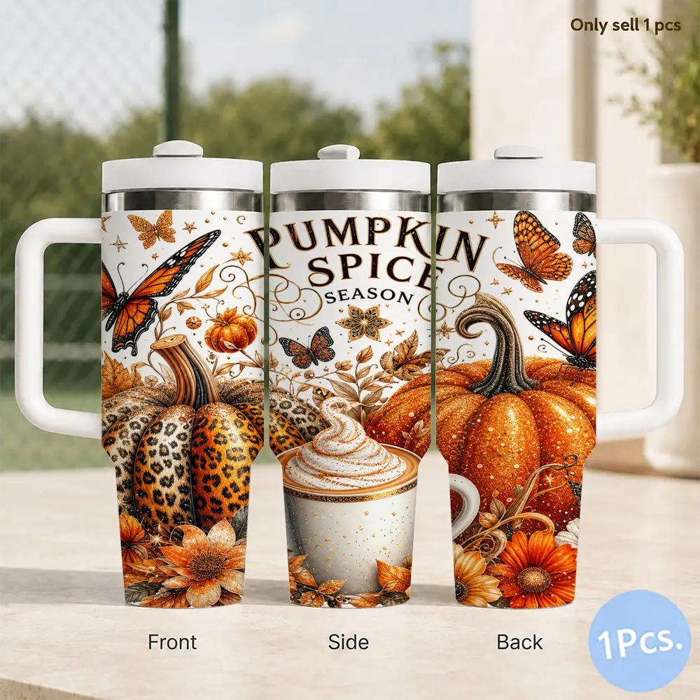 Pumpkin Spice Vacuum Flasks 40oz Insulated Tumbler with Handle and Straw, Stainless Steel Large Capacity Water Cup with Lid, Car Cup Holder Friendly, Reusable Tumbler Gift for Women and Friends