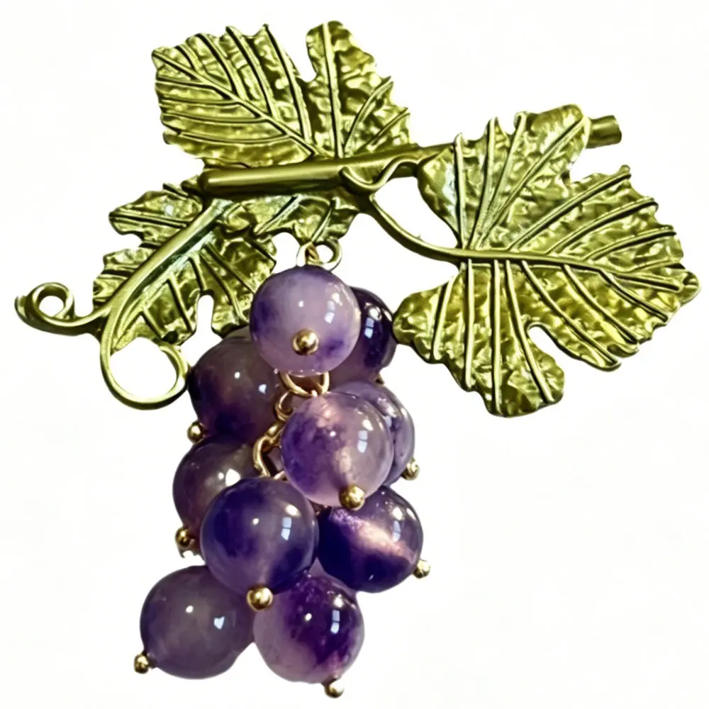 Purple Grape Brooch Gold Metal Leaves Vines Purple Bead Retro Elegant  Accessory