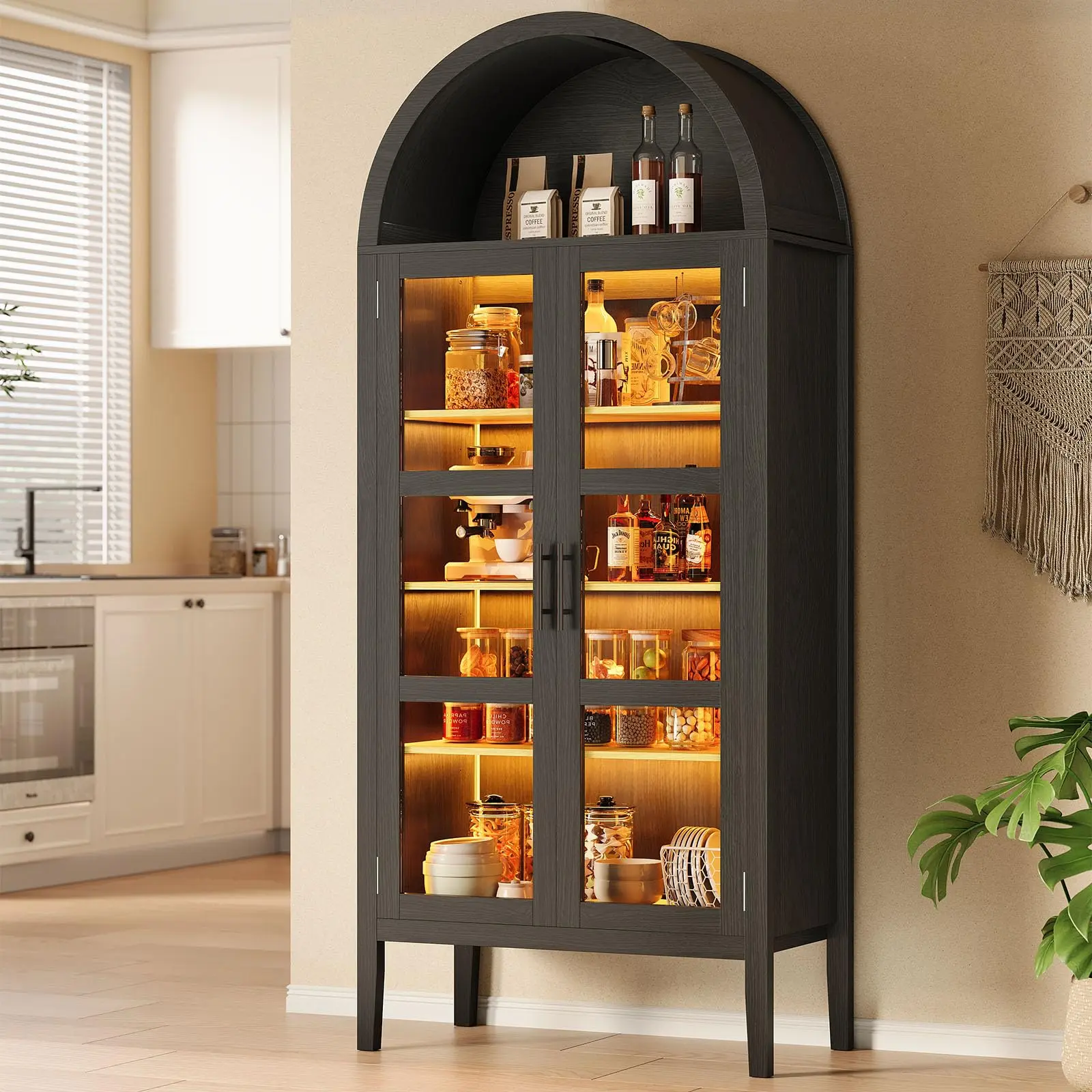 70 in Tall Arched Kitchen Pantry Cabinet with LED Lights, Modern Wood Arched Bookshelf with Glass Doors & Adjustable Shelves, Elegant Display Cabinet for Kitchen, Dining Room, Living Room