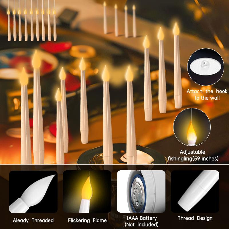 12, 24PCS floating candle, with wand, Christmas decoration, with wand remote, flicker warm light flameless hanging candle battery powered, LED candle, suitable for parties Halloween Set Traditional Switch Window Ornaments 12Pcs