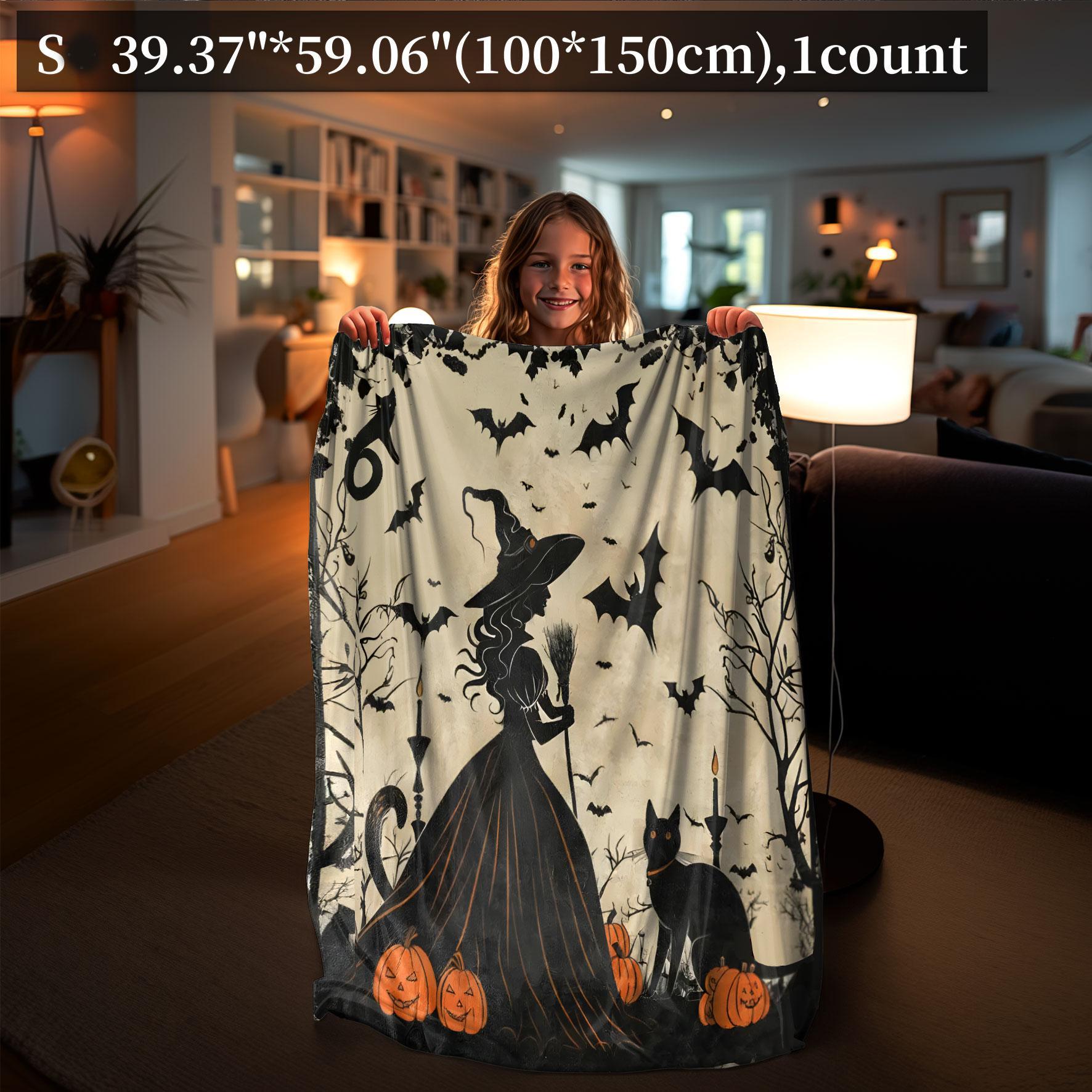 Cartoon Themed Decorative Giftable Blankets, 1 Count Witch and Black Cat Pattern Soft Cozy Throw Blanket, Air-conditioned Room Blanket, Warm Nap Blanket for Home Office Travel Camping, Bedroom Accessories, Travel Essentials, Christmas Gifts, Halloween
