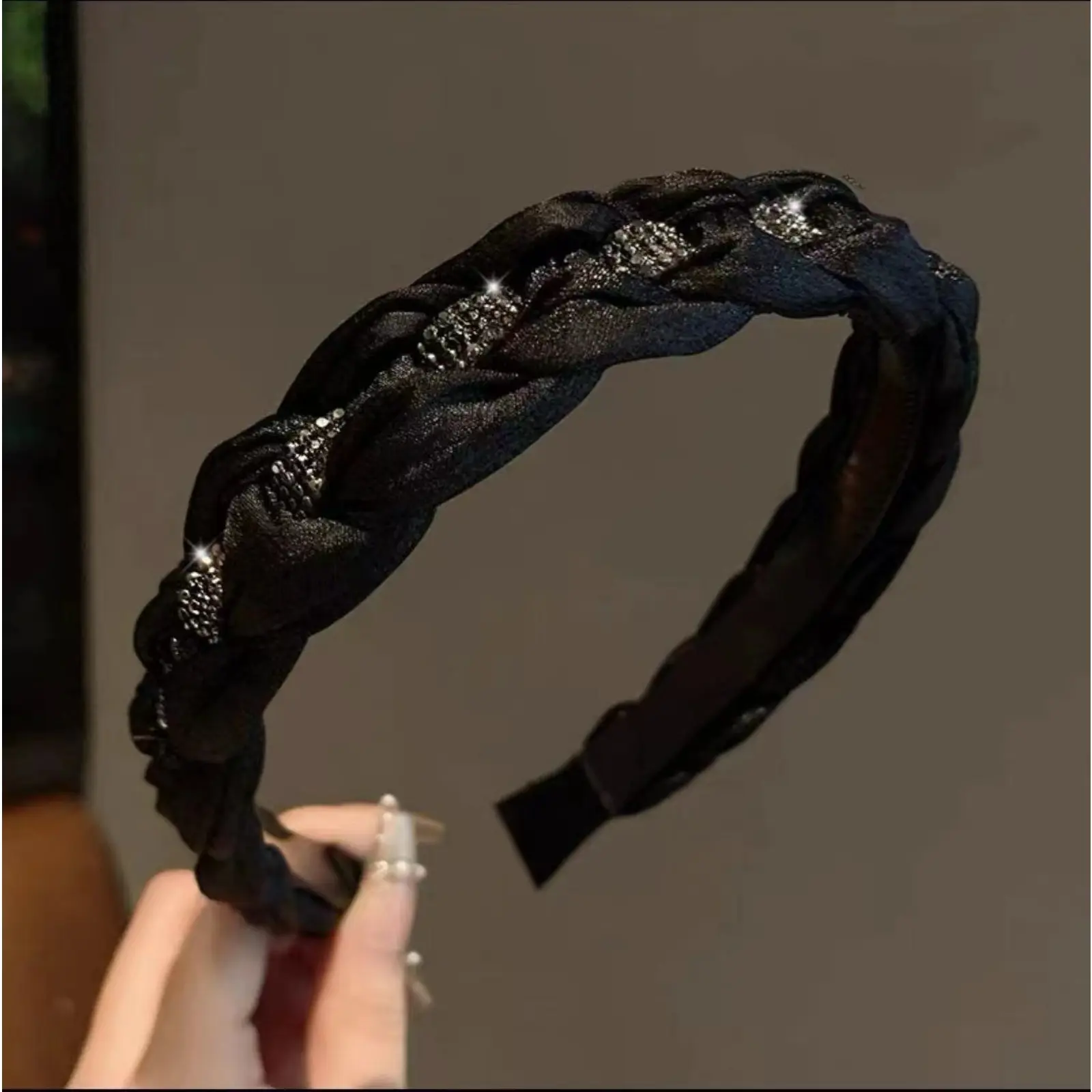 Women Braided Hair Headband Universal Elegant Daily Hair Accessories, Viral Black Satin Rhinestone Twist Braid Hair Band, Underrated Dainty Shiny Crystal Non-Slip Hair Hoop, Pleated Fabric Woven Inlaid Rhinestone Serrated Inner Frame Headband, Soft Smooth