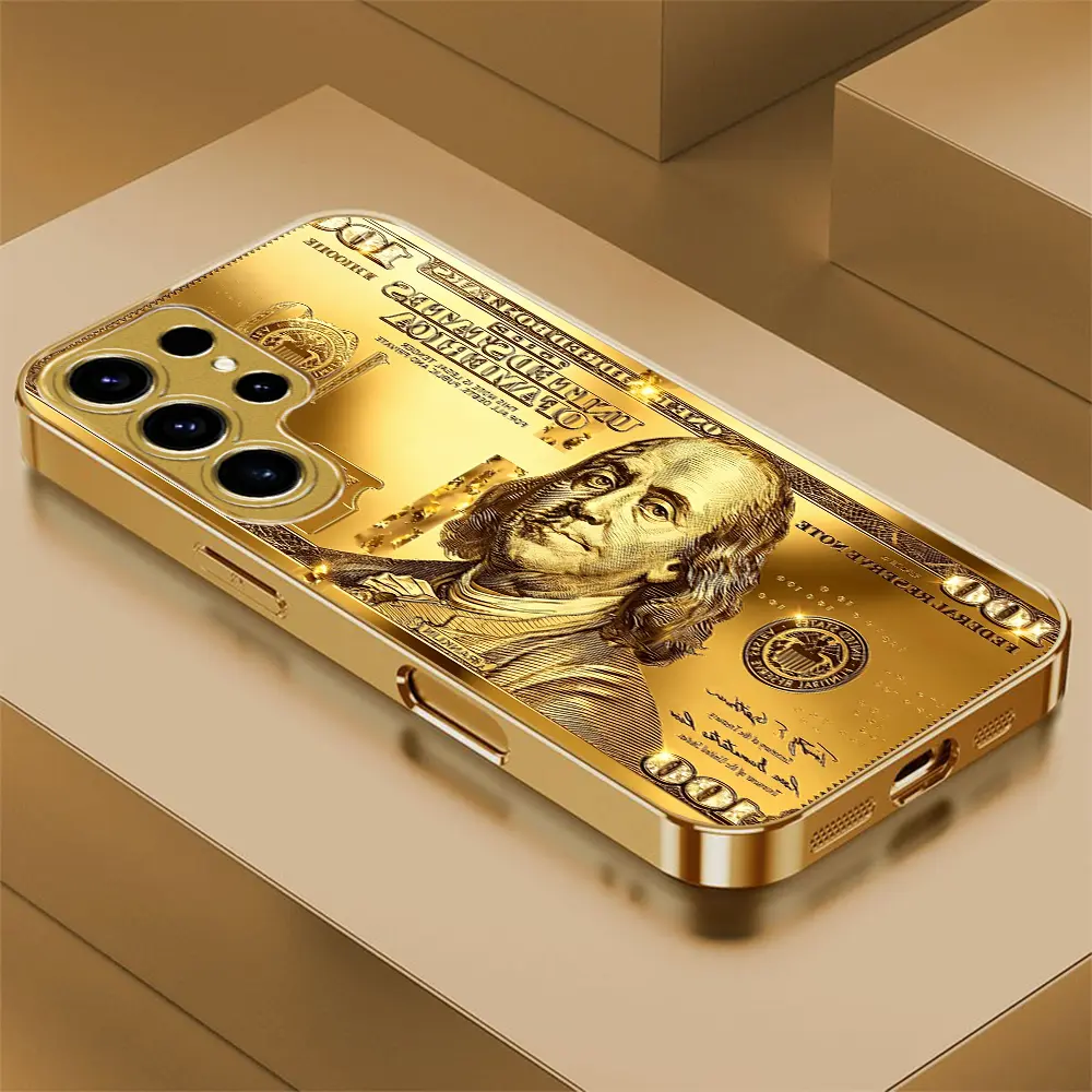 Golden 100 Dollar Bill Benjamin Franklin 2D Printed Pattern Phone Case,High Definition Glass Design Phone Protection Case, Suitable for Samsung Galaxy S26 S25 Ultra S24 S23 S22 S21 S20 Plus, FE & A56 A55 A53 A54 A36 A35 A34 All Inclusive Phone Case-ZQ302