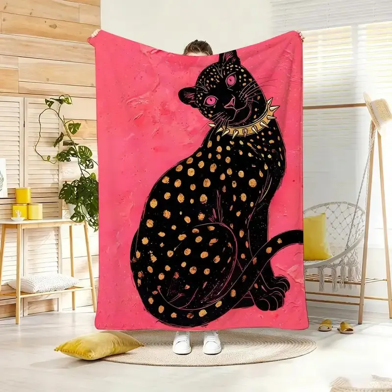 Art P-Pink Background Black Panther Throw Lightweight  Flannel Blanket Soft Skin-friendly for Summer Cooling Soft Fluffy All Season Throw Blanket, Lightweight Cozy Bed Cover for Sofa Bedroom Travel, Perfect Warm Gift for Birthday Christmas for Adults Kids