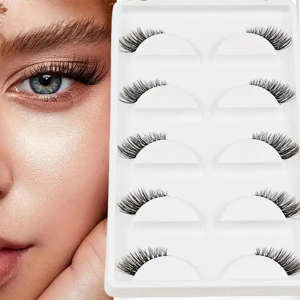 Natural Look Half Lashes 16mm Wispy False Eyelashes, Thin Lash Band, Reusable Soft 3D Faux Lashes, Pack for Daily Wear, Beginner Friendly Lashes, 5 Pairs