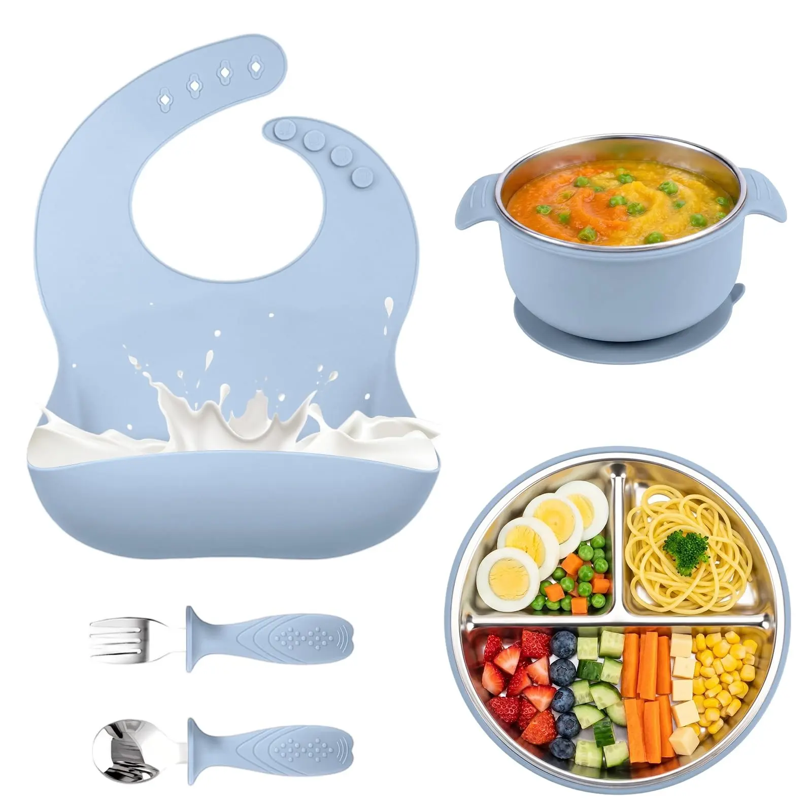Stainless Steel Silicone Feeding Set 5 Piece, Round Smile Plate, Dual Ear Bowl, Fork Spoon, Bib, Durable & Safe