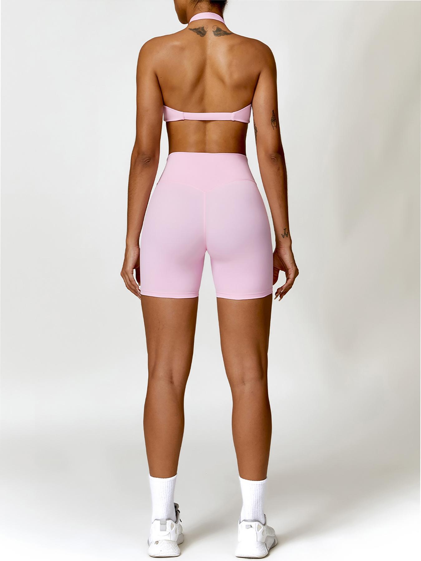 2 Counts Women's Solid Twist Ruched Backless Halter Crop Top & High Waist Short Leggings Tracksuit Set, Sporty Outfits Activewear Fitness for Yoga Gym Workout Running, Sports Quick Drying Set, Ladies Sportswear for All Seasons, Two Piece Sets Tracksuits