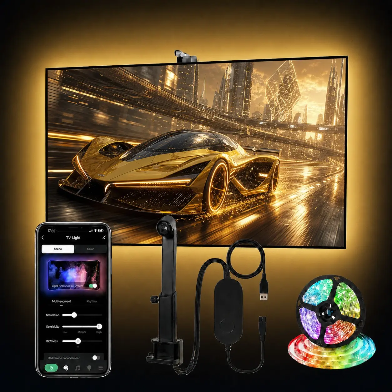USB Powered TV Background Atmosphere Light,RGBColorChanging LED Light Strip, Smart LED LightsforHomeTheater, Adjustable Brightness Led, Party, Festival