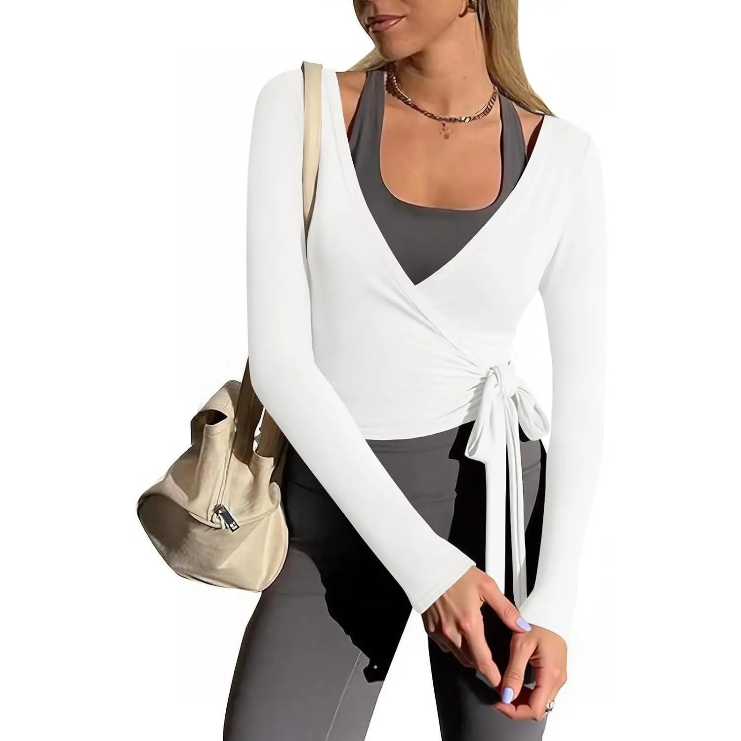 Womens Wrap Tie Tops Y2k Long Sleeve Ballet Pilates Yoga Workout Wrap Shirts Deep V Neck Casual Tops