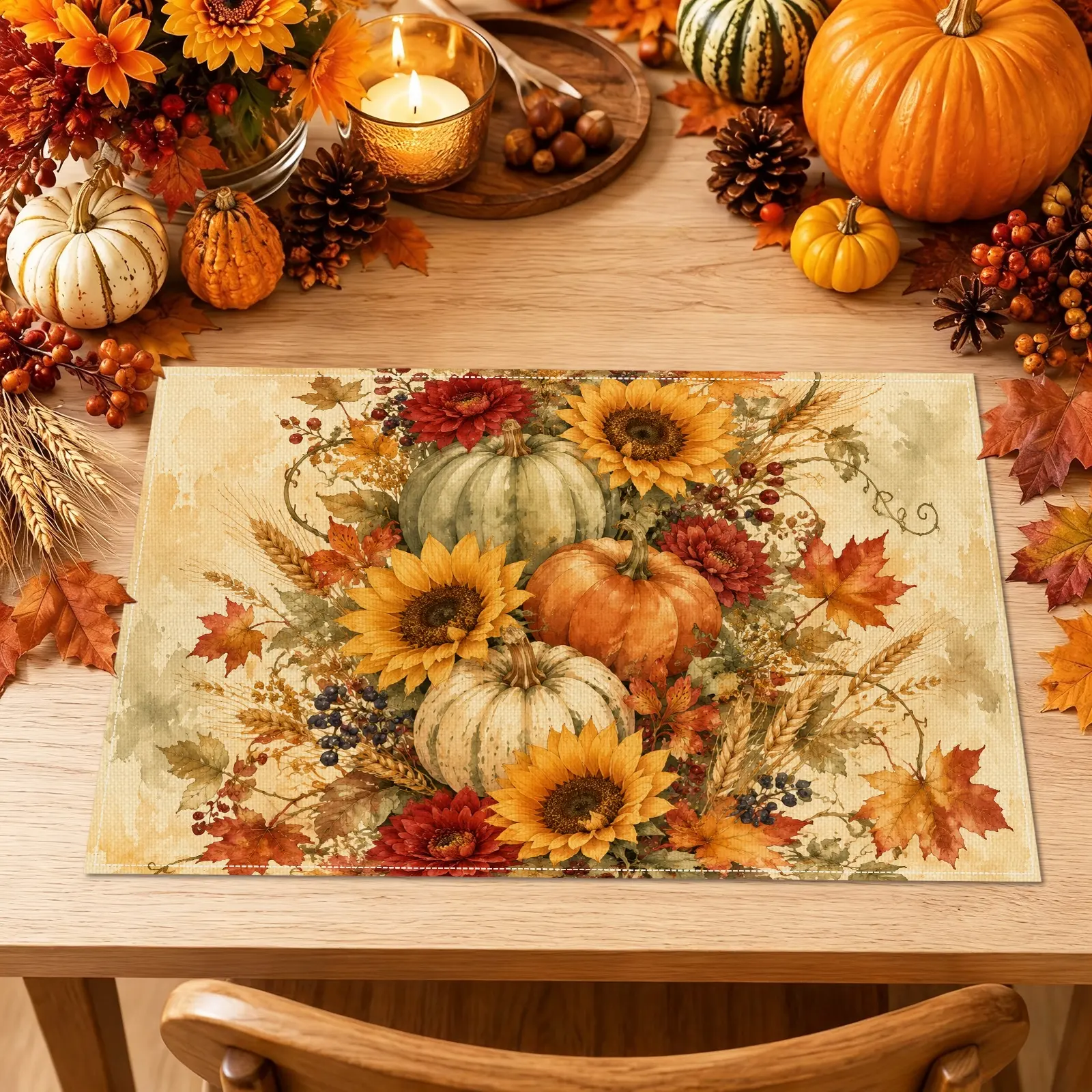 4/6pcs Pumpkin Sunflower & Maple Leaf Placemats, Rustic Harvest Style for Dining Table, Kitchen, Fall Gathering & Home Decor, Fall Gifts, Seasonal Decoration