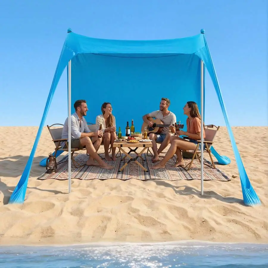 Beach Tent Sun Shelter, UPF50+ Sun Protection, 6.6 Ft Tall, 7.5x7.5 Ft, Easy Pop Up Beach Canopy With Sandbags, Stability Poles, Sand Shovels, Portable Shade For Family Outings, Camping, Fishing
