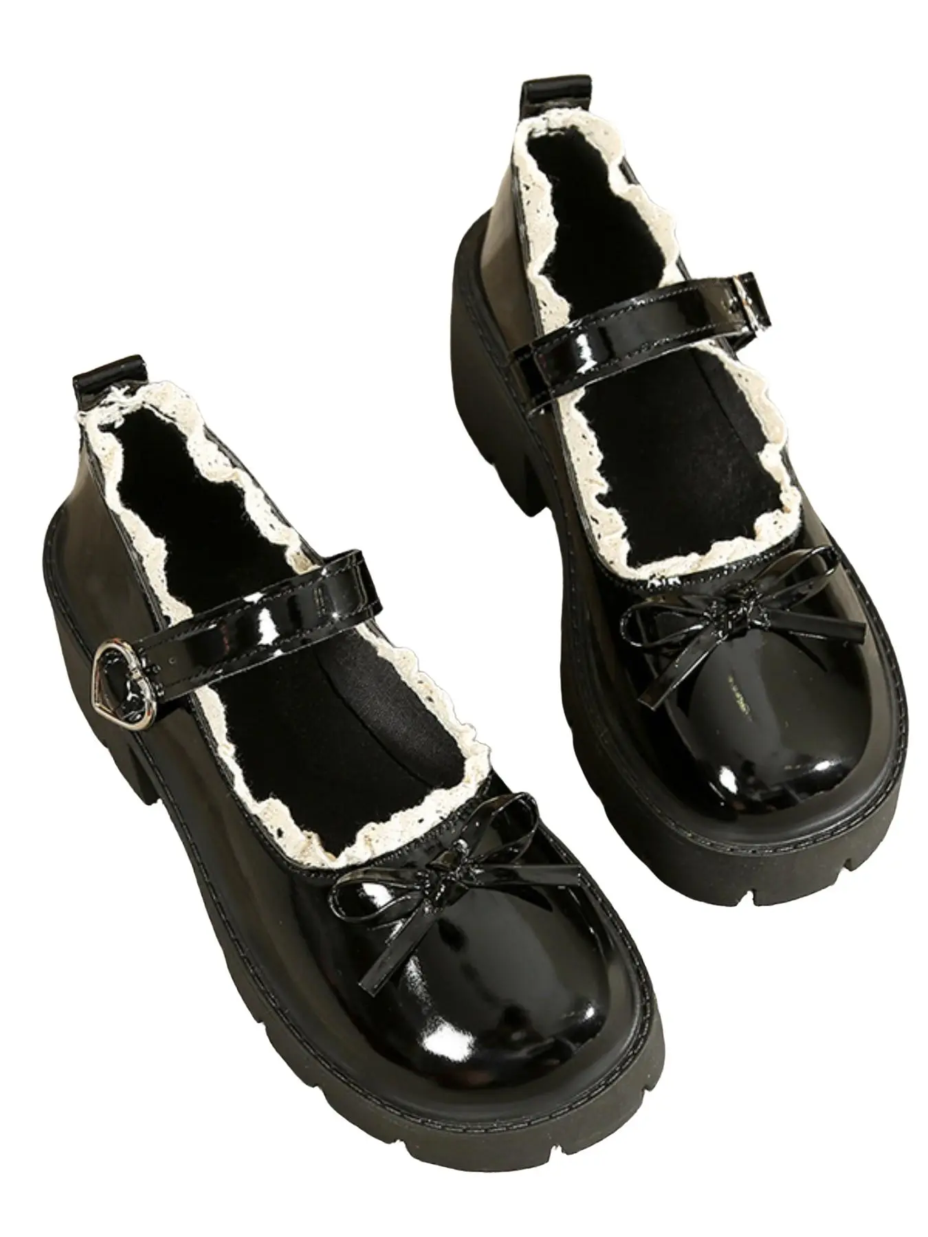 Lace Trim Butterfly Knot Mary Jane Shoes, Heart Buckle Thick Sole, Lolita Daily Commute Women's Shoes, Stylish and Comfortable Footwear