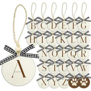 28 Pieces Christmas Wooden Stocking Name Tags Initial Letter Ornaments Gift Name Tags Beaded Stocking Tags (Black White Plaid)