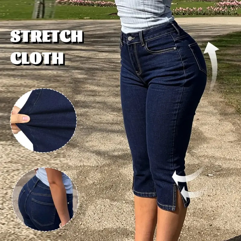 Women's GILIPUR Dark Blue Washed Mid Waist Butt Lifting Capri Jeans, Medium Stretch Slim Fit Side Slit Hem Skinny Denim Capris with Pockets, Casual Streetwear, Summer Outfits for Daily, Vacation & Date Denim Capri Pants #TChic