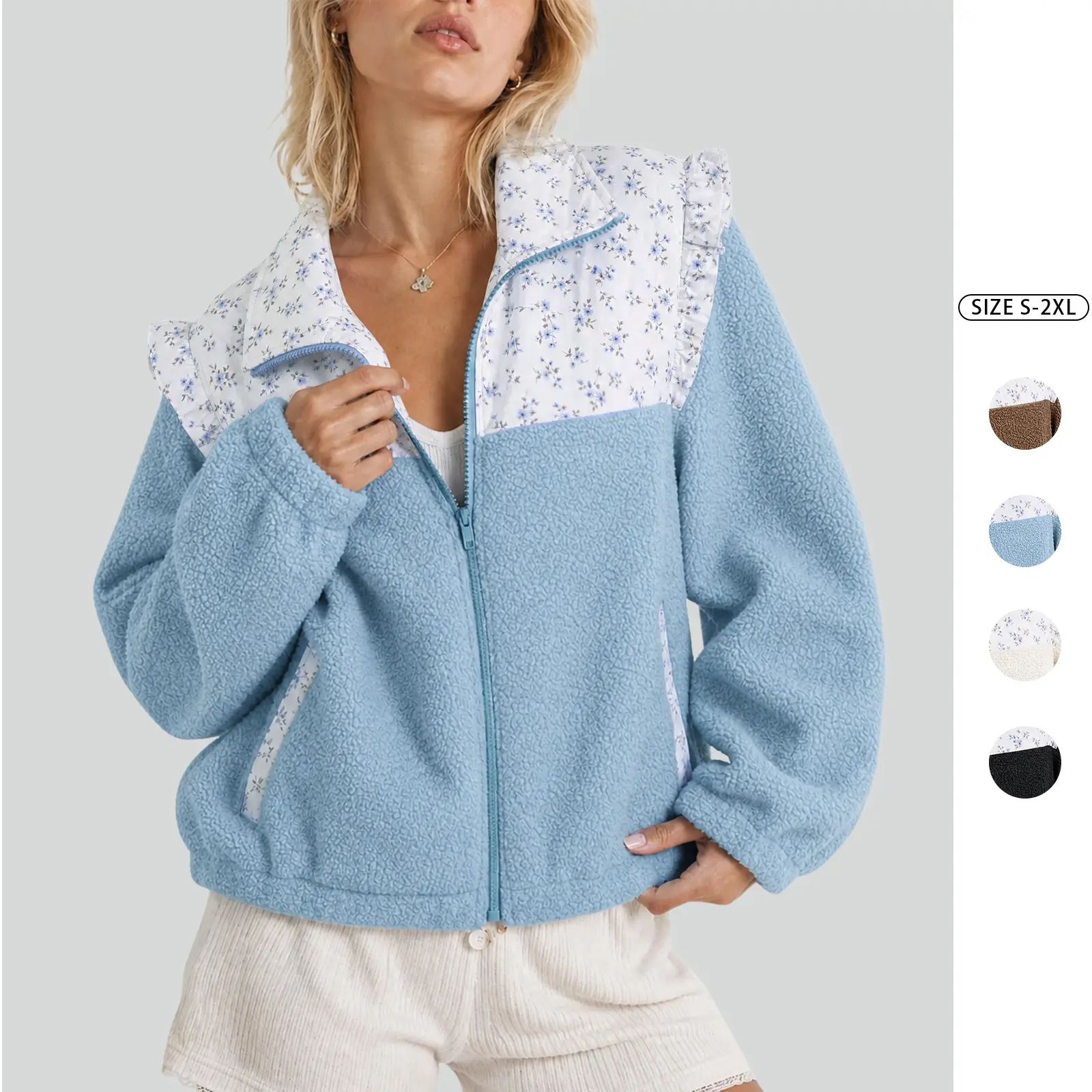 Imily Bela Women's Floral Patchwork Fleece Jacket Ruffle Shoulder Zipper Up Stand Collar Cozy Sherpa Coat with Pockets