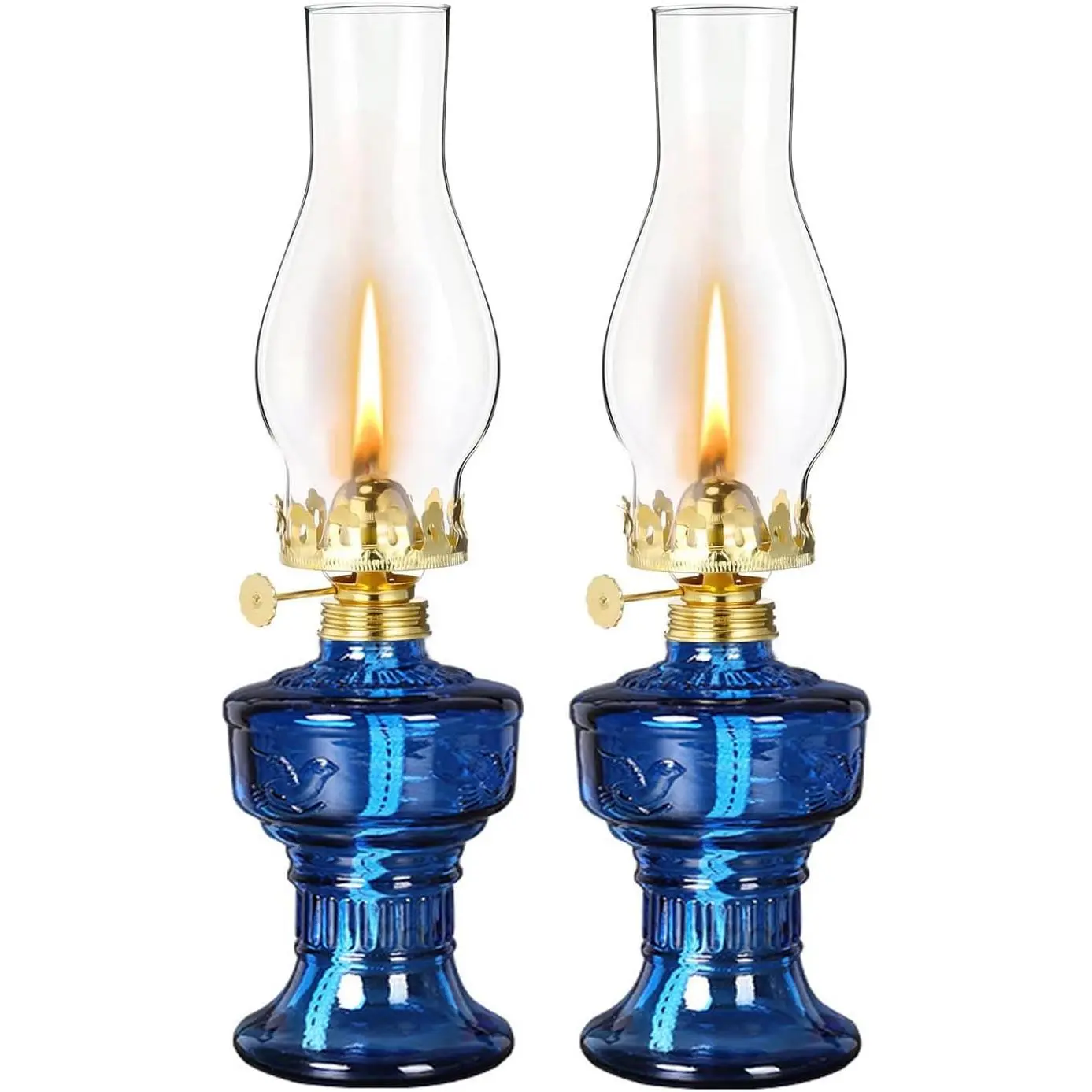 Vintage Rustic Colored Glass Kerosene Oil Lamp Lantern Set - 2-Piece 12.8in Household Metal Antique Hurricane Chamber Lamps with Adjustable Cotton Plant Wicks, for Indoor Home Decoration, Table Emergency Lighting