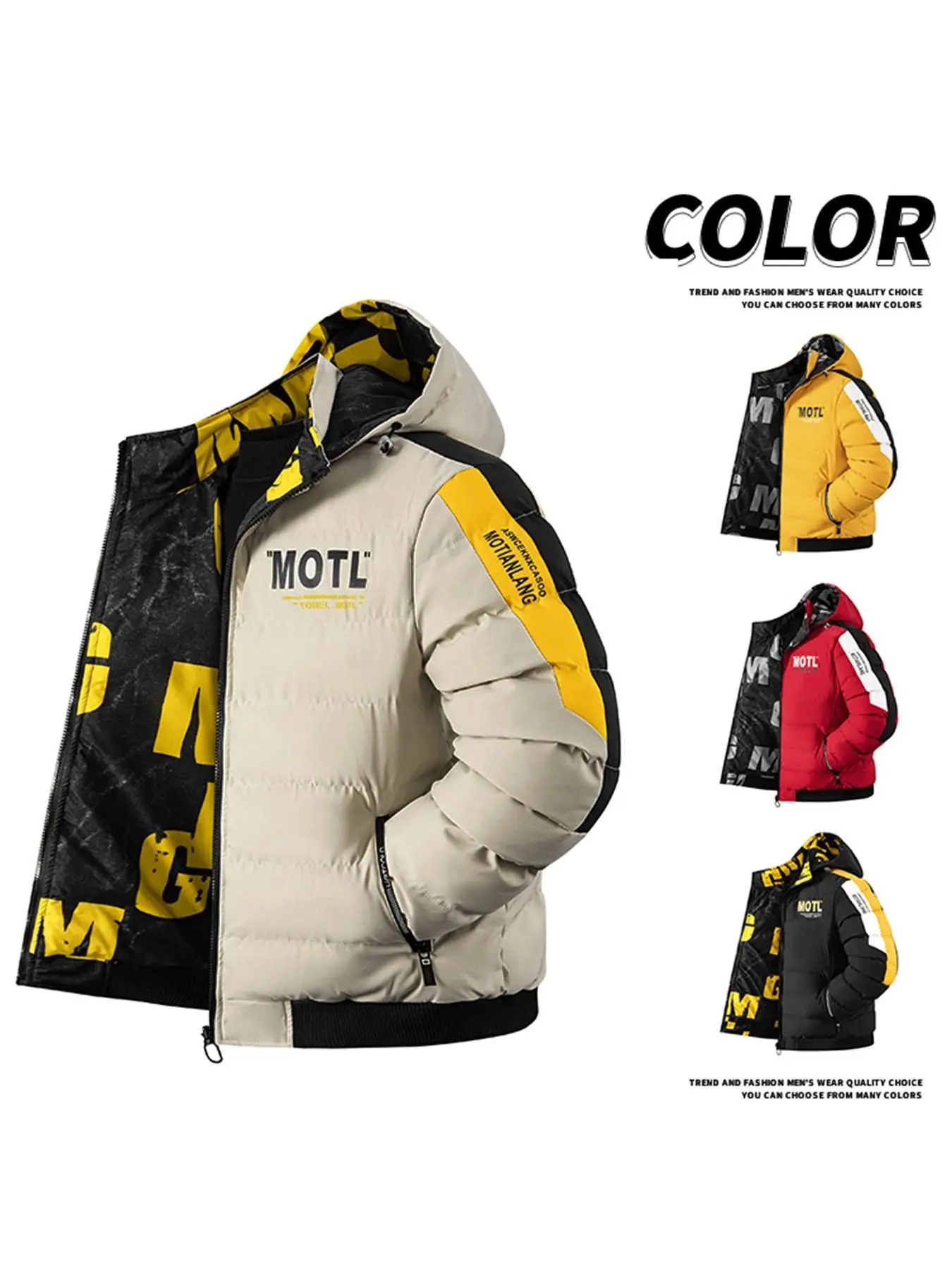 Unisex Hooded Jacket, Reversible Fitted Winter Coat with Pockets, Full Zipper, Casual Style for Skiing and Daily Wear, Casual Athletic Jacket