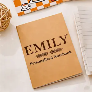 Personalized style notebook, customized with the name Emily and a leaf pattern, embossed printing on a kraft paper cover, suitable for students and office workers, A5 size, 1 piece