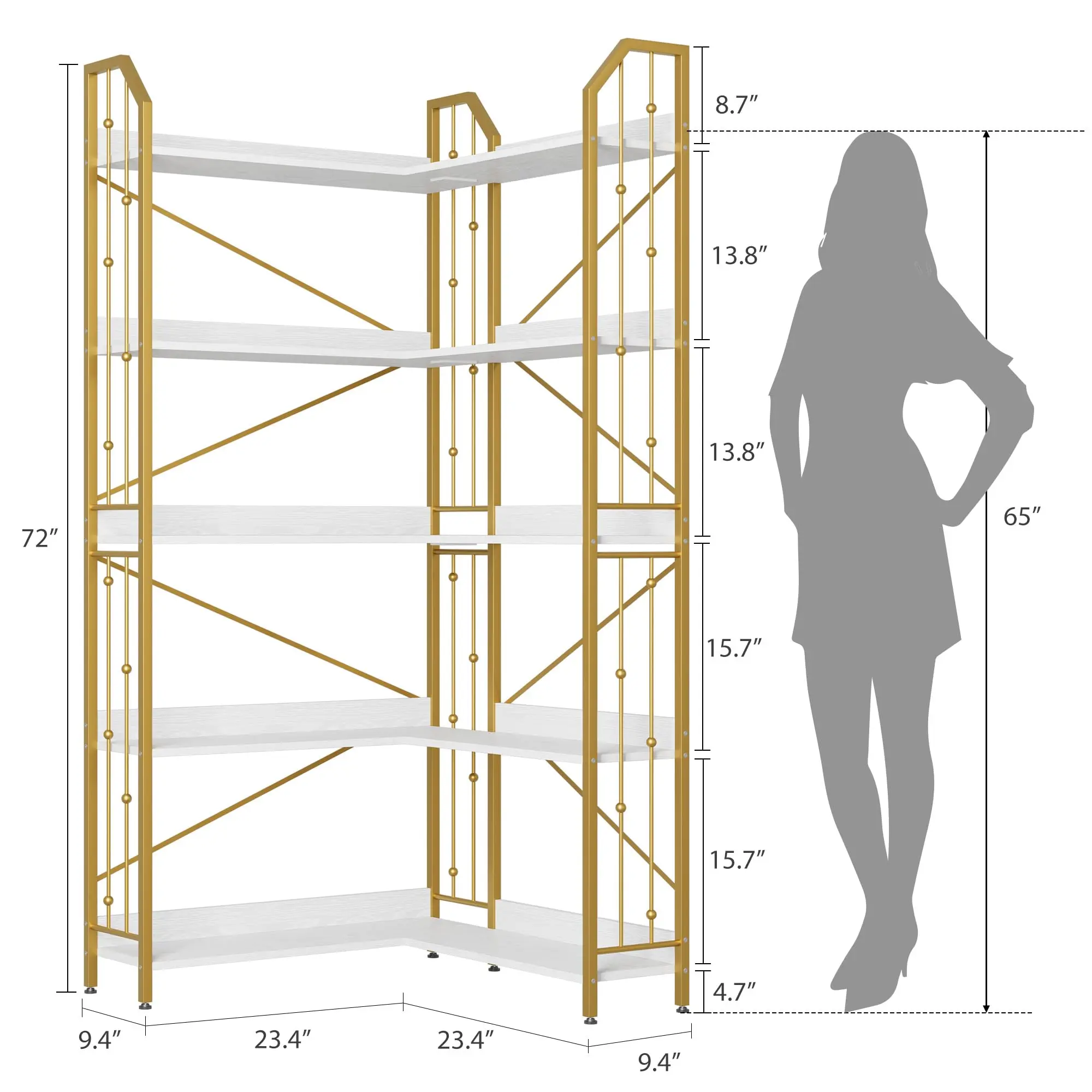 72 Inch Tall 5-Tier L-Shaped Corner Bookshelf, Modern Industrial Storage Display Bookcase, Sturdy Metal Frame with Elegant Gold & White Beaded Design, Space-Saving Freestanding Shelf for Living Room, Bedroom & Home Office