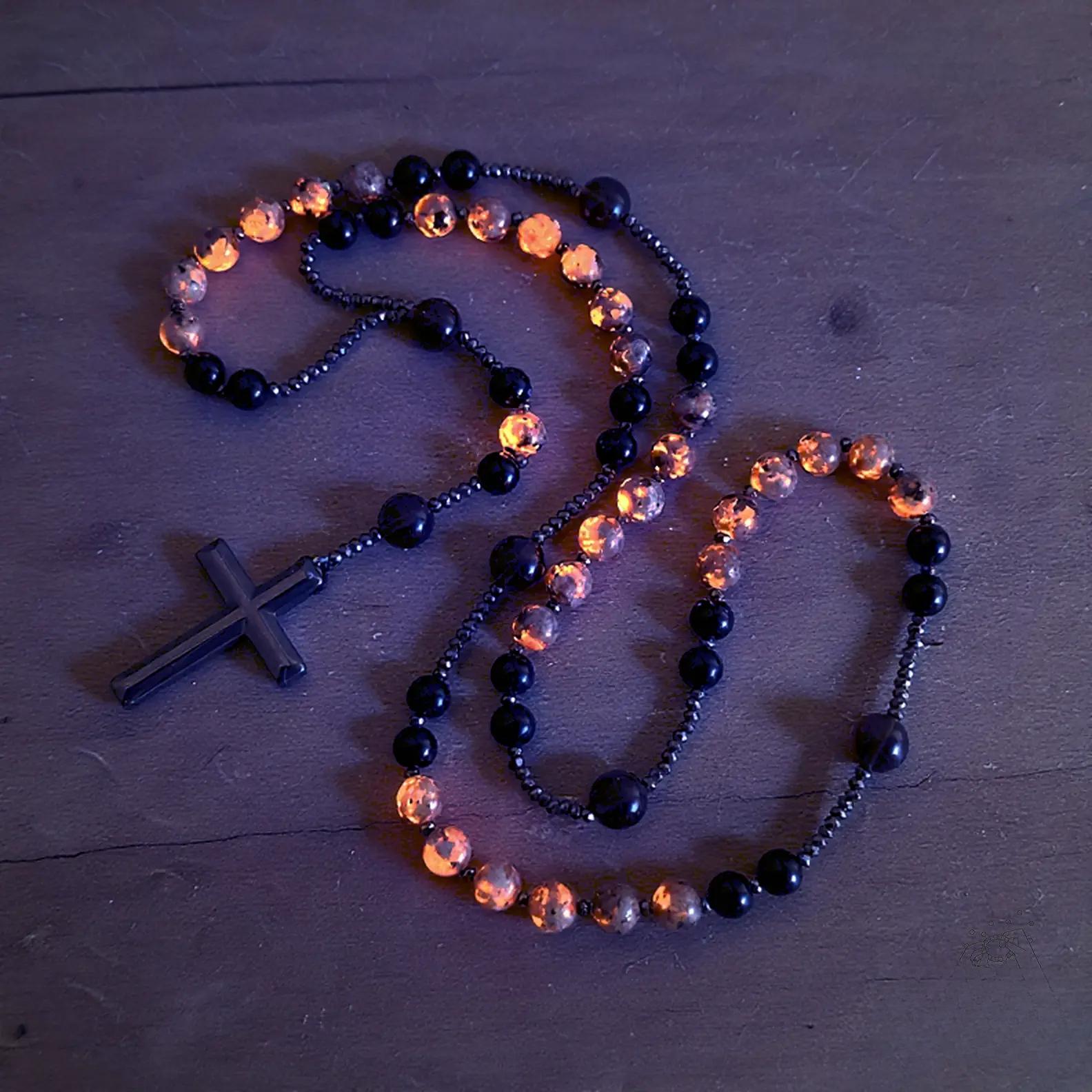 Natural Obsidian Yooperlite Rosary  UV Reactive Protection  Hematite Stone Cross Pendant   for her,  for him necklace Fashionable Collarbone Chain elegant rhinestone gift sparkly Adjustable Heart Rate Couples Set Day woman party Daily Bible Verse daughter