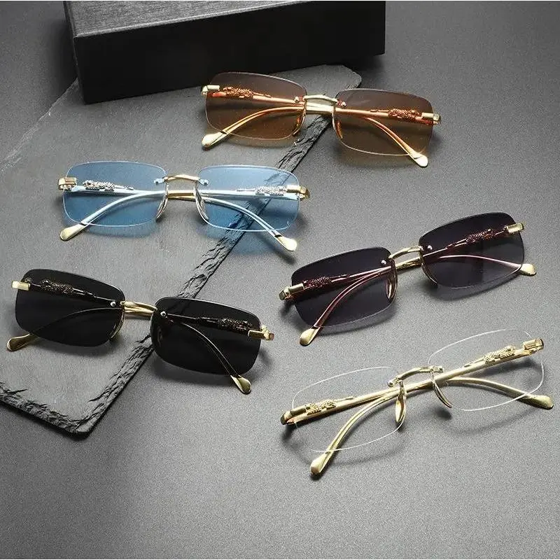 Unisex Frameless Sports Sunglasses - Retro Rectangle Square, Borderless Metal Temple Shades, Trendy Chic Fashion Eyewear for Women and Men, Sunglasses For Women, Men's Sunglasses