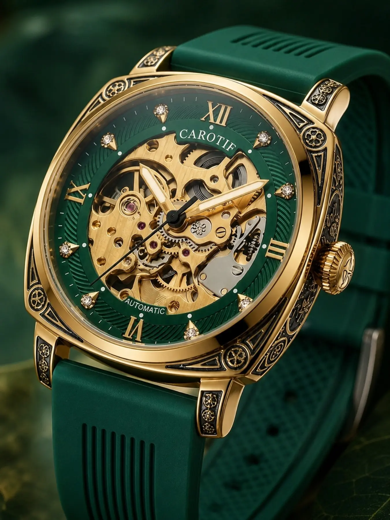 Engraved Square Dial Men's Silicone Watch, Mechanical Movement, Retro Roman Numerals, Comfortable Strap, Perfect Gift