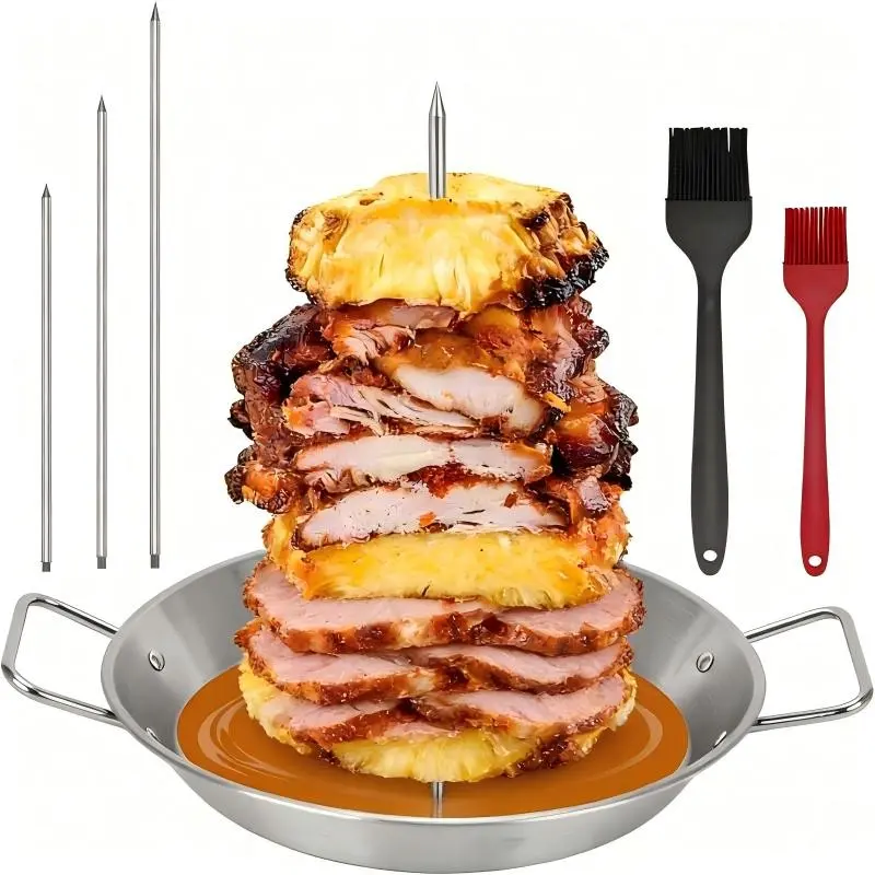 Stainless Steel Vertical Skewer Pan for BBQ - Gyro Spit & Shawarma Stand for Ovens & Grilling - Perfect Al Pastor Skewer Setup for Tacos, Chicken, & Brazilian Dishes - Includes 3 Adjustable Skewers (8”, 10”, 12”) & 2 Cleaning Brushes