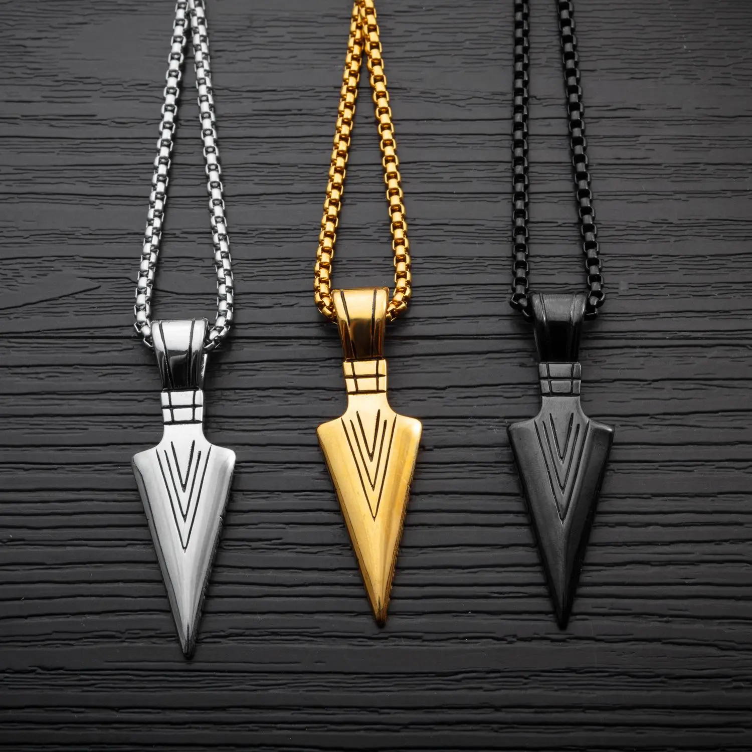 Viking Arrowhead Pendant Necklace for Men in Stainless Steel, Geometric Casual Jewelry with 21.6" Bold Box Chain, Hypoallergenic for Outdoor Activities, Long, Chain & Link, Masculine Accessory, Nordic Streetwear