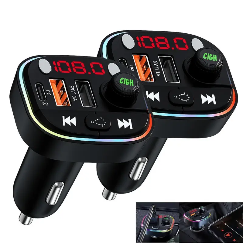 Bluetooth FM Transmitter, Bluetooth Car Adapter with Dual USB Charger Wireless Radio Car Kit MP3 Player Support TF Card & USB Disk, Hands-Free Calling, 7 Colors Led Backlit Light, Black