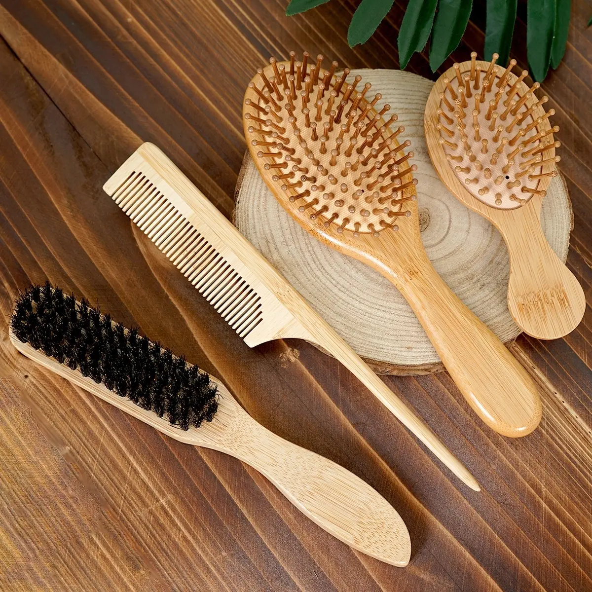 Wooden Hair Brush Set, 1 Count Pointed Tail Comb & 1 Count Large Bamboo Air Cushion Comb & 1 Count Mini Travel Size Comb, Heatless Styling Tools for Home & Travel