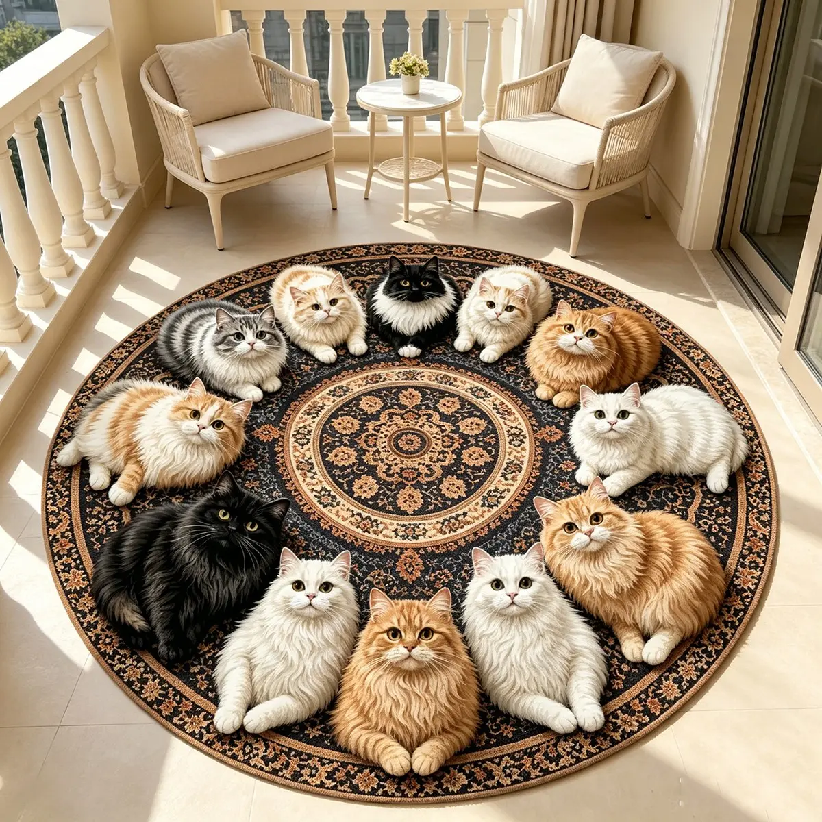 Vintage Persian Style Round Rug, Boho Cat Design, Soft Washable Non-Slip Carpet, Home Decor for Living Room, Bedroom, Garden, Hotel