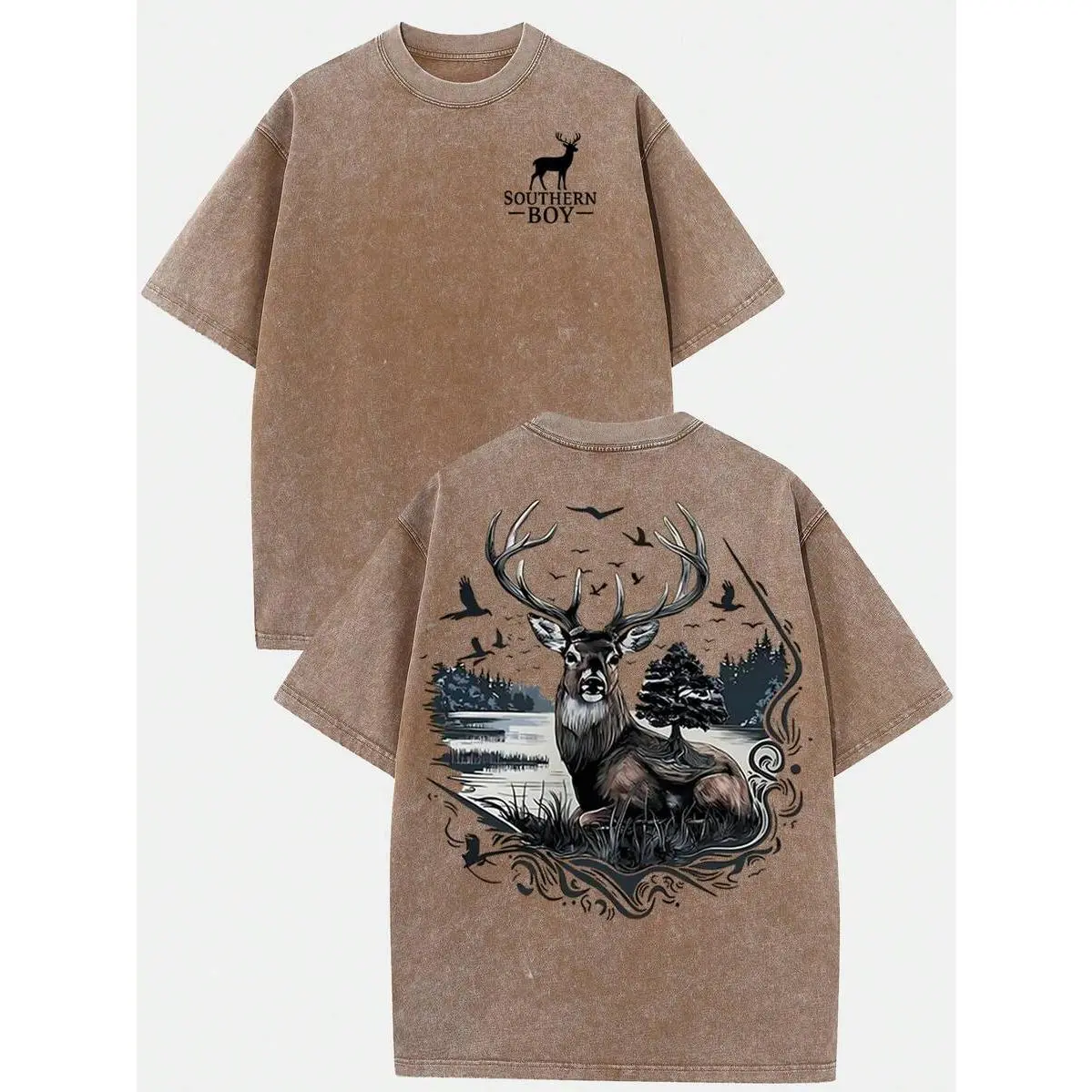 (230g T-Shirt)Vintage Outdoor Washed Cotton T-Shirt, Southern Boy Deer In Nature Graphic, Loose Fit Crew Neck Short Sleeve Tee