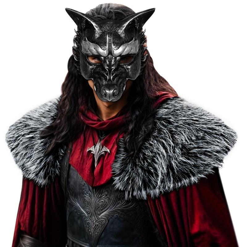 Viking Men's Faux Fur Shawl Collar with PU Mask Set, Anubis Costume LARP Winter Cosplay, Red Fluffy, Bestie Crewneck Clothes Menswear Gamis Brown