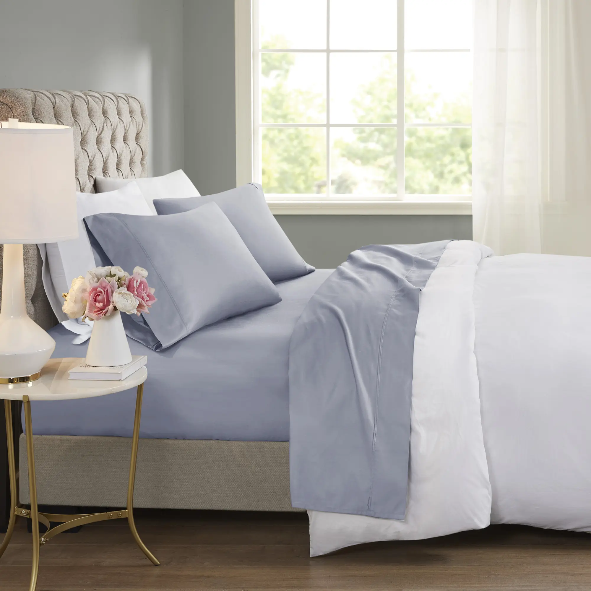 ARCH 4-Piece California King Cooling Cotton Blend Sheet Set, Blue, Soft Breathable Bedding, Deep Pocket Fitted Sheet, Flat Sheet, Pillowcases, Wrinkle-Resistant, Easy Care, All-Season Comfort for Master Bedroom, Guest Room, Hotel Use