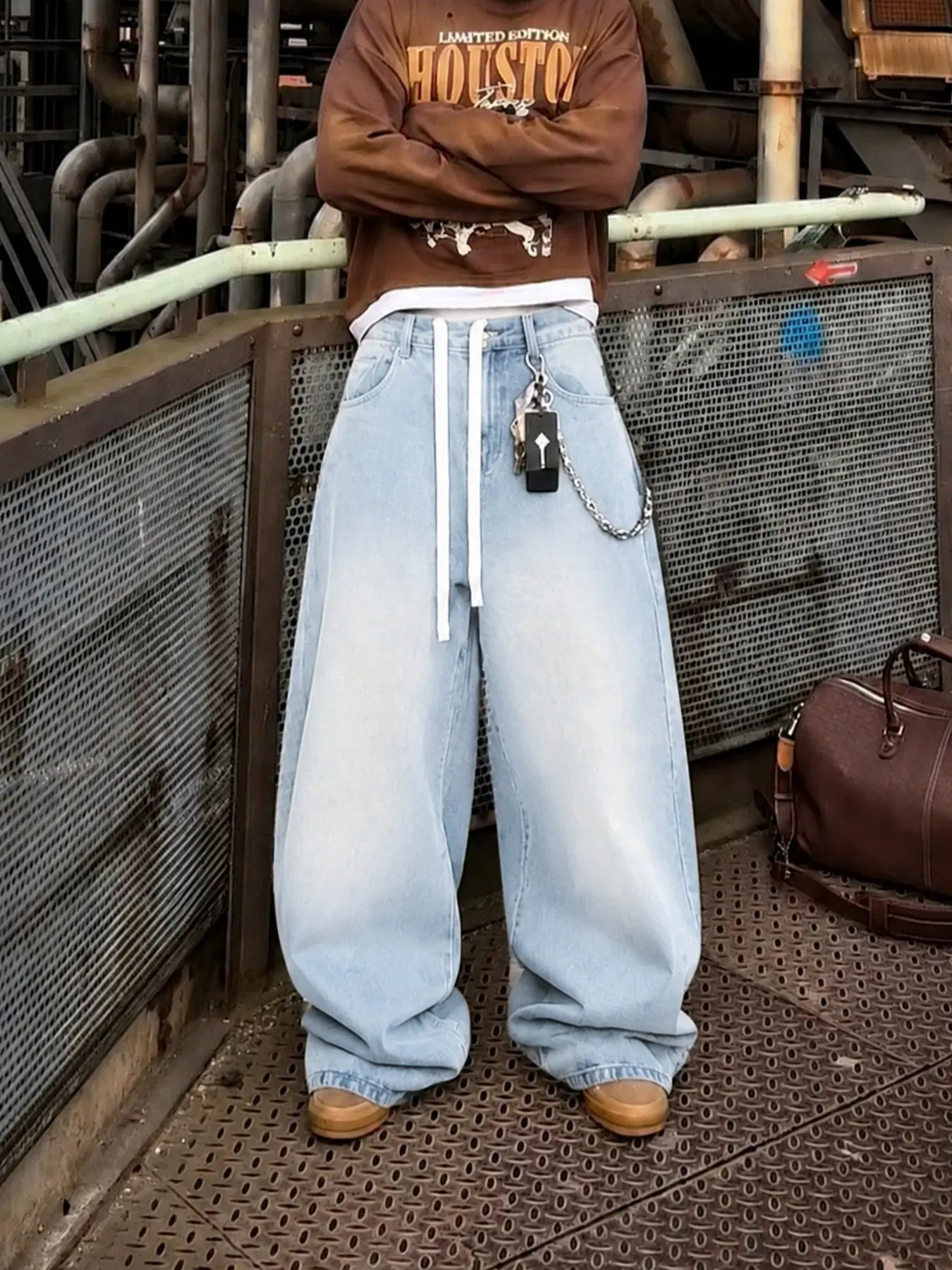 Men’s Charcoal Gray Washed Jacquard Jeans with Drawstring Waist, Baggy Wide Leg Casual Streetwear Denim Pants
