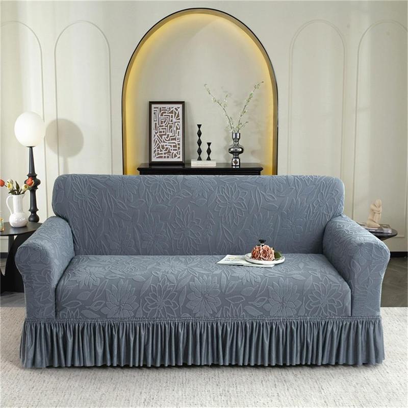 Solid Color Jacquard Sofa Cover with Skirt, 1 Count Soft Comfortable Stretchable Sofa Slipcover, Dustproof Sofa Cover, Elastic Sofa Slipcover for Home Living Room Hotel Dormitory