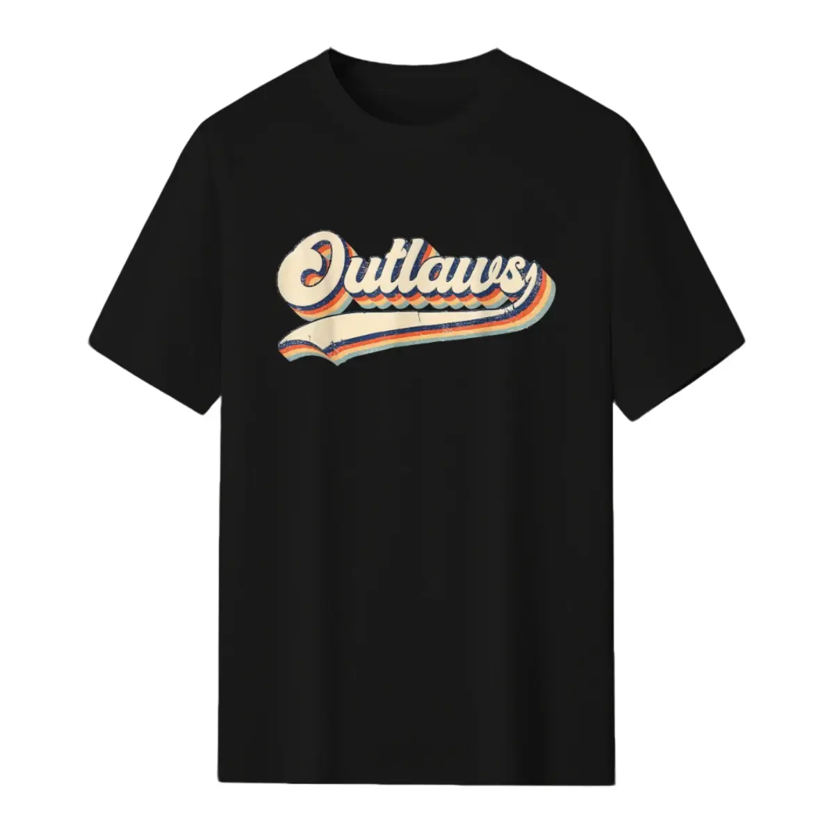 Unisex Classic Stylish Vintage Rainbow 3D Script Outlaws Casual Letter Print T-Shirt - Crew Neck, Short Sleeve, Western Retro Style, Fits All Bodies Sports Casual Top, Rainbow Script