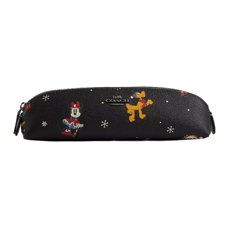 Coach x Disney Pencil Case for Men and Women – Coated Canvas and Smooth Leather with Logo Print, Bronze