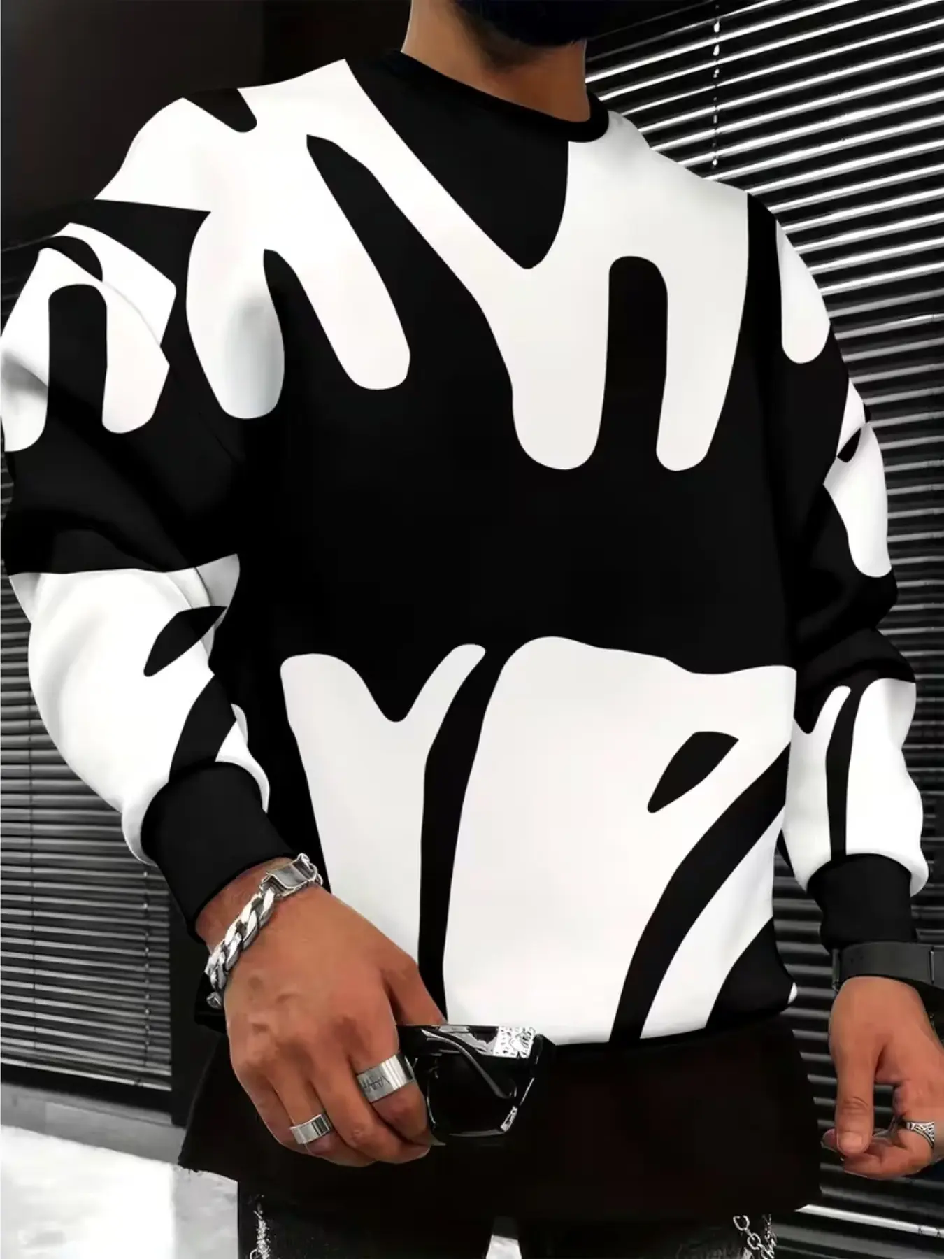 Men's Crewneck Sweatshirt, Long Sleeve, All over Print, Casual Fitted, Raw Wash, H-Type Silhouette, Abstract Geometric Design, All Seasons
