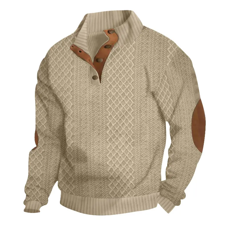 Men's Stand Collar Patterned Jacquard Knit Sweatshirt - Menswear Knitwear, Slim Fit, Button Front, Embroidery, Long Sleeve, Outdoor Casual Top for Spring Fall, Polyester