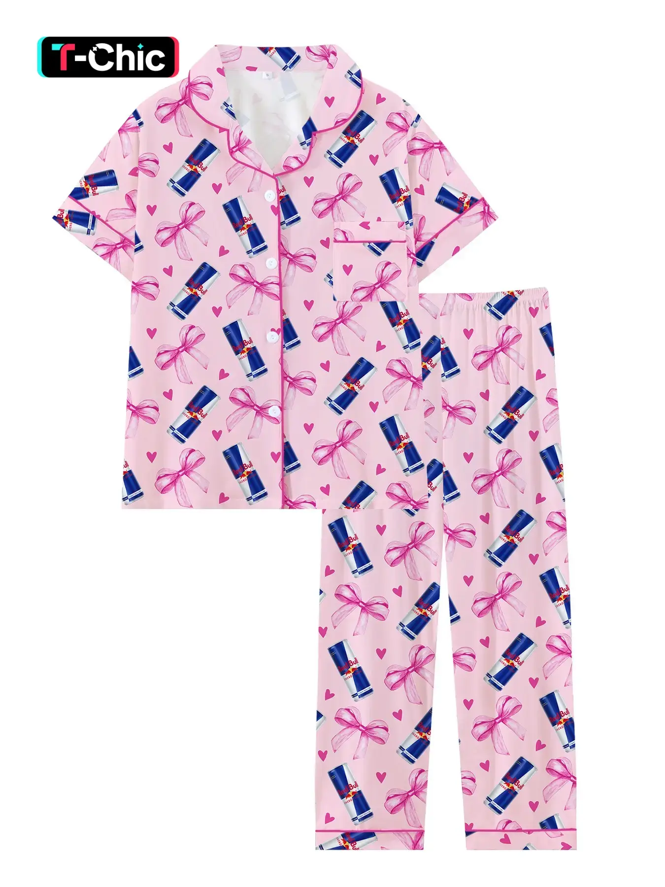 Teen Girls Soda Drink Bull Hooded Short Sleeve Long Pants Pajama Set, Comfortable Sleepwear, All Seasons, Loose-Fitting, Casual Comfy Pyjama, Pajama Outfit, Pajamas Sleepwear, Print Sleepwear