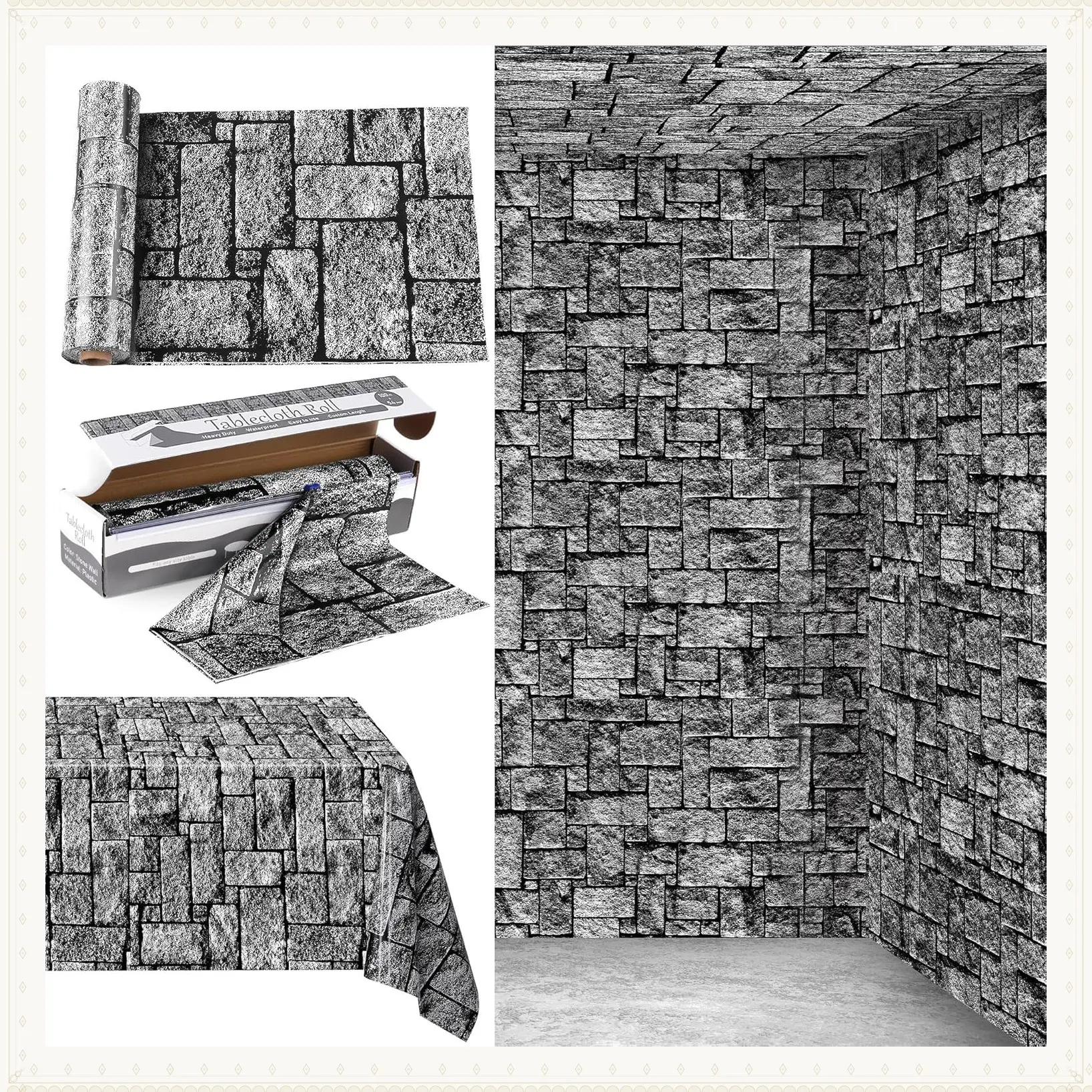 100 Ft x 54 Inch Stone Wall Tablecloth Roll with Cutter Box, Stone Wall Plastic Backdrop, Medieval Decor, Dirt Floor Wall Backdrop for Farm Wedding Birthday PartyGift