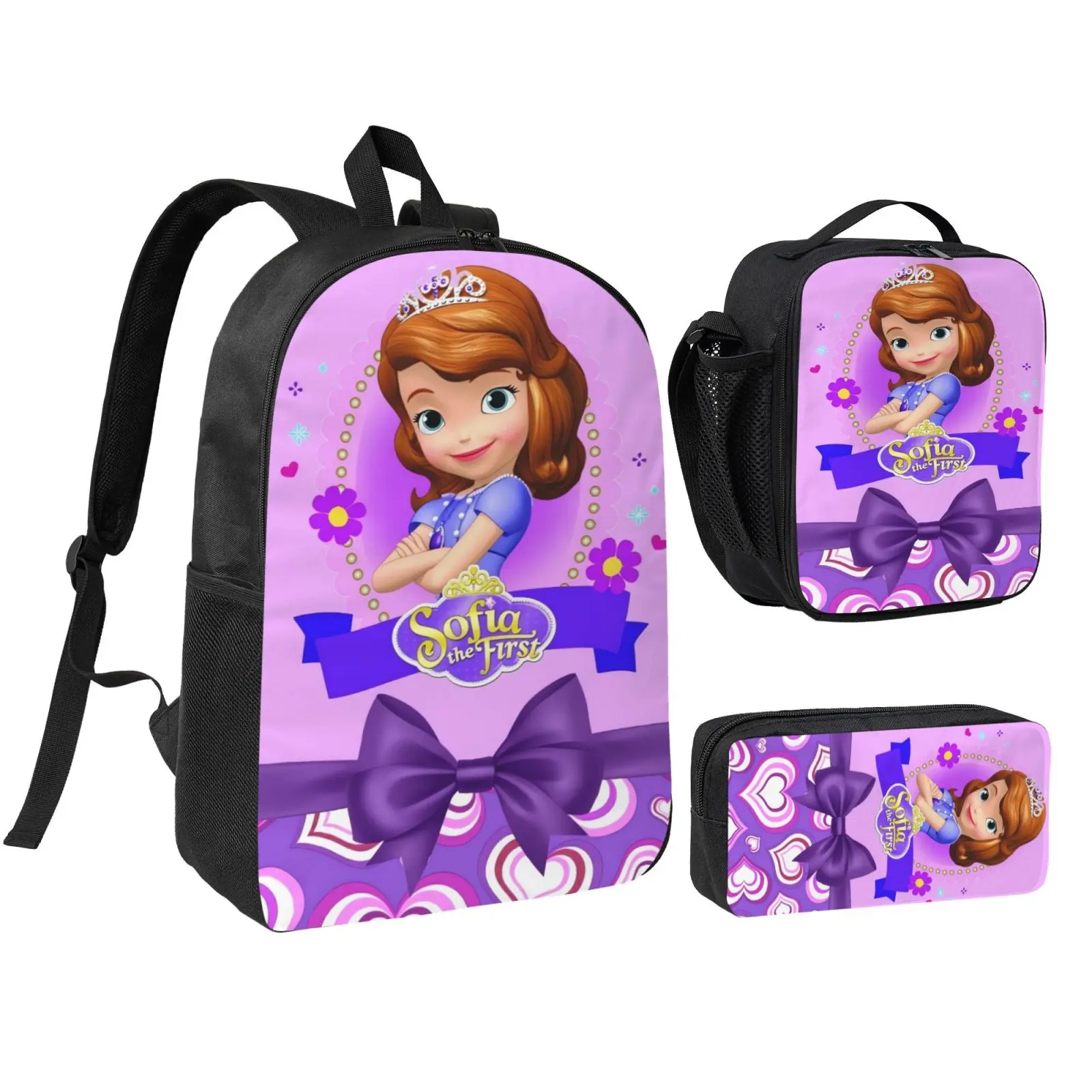 Unisex Sofia2 3Pcs Backpack for Teen Girls Boys, School Bookbag with Lunchbox Pecil box, Anime backpack with adjustable straps, office travel bag Bookbag