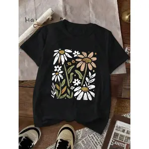 Retro Neutral Tone Floral Graphic Tee| Aesthetic Cottagecore Black Top,belle