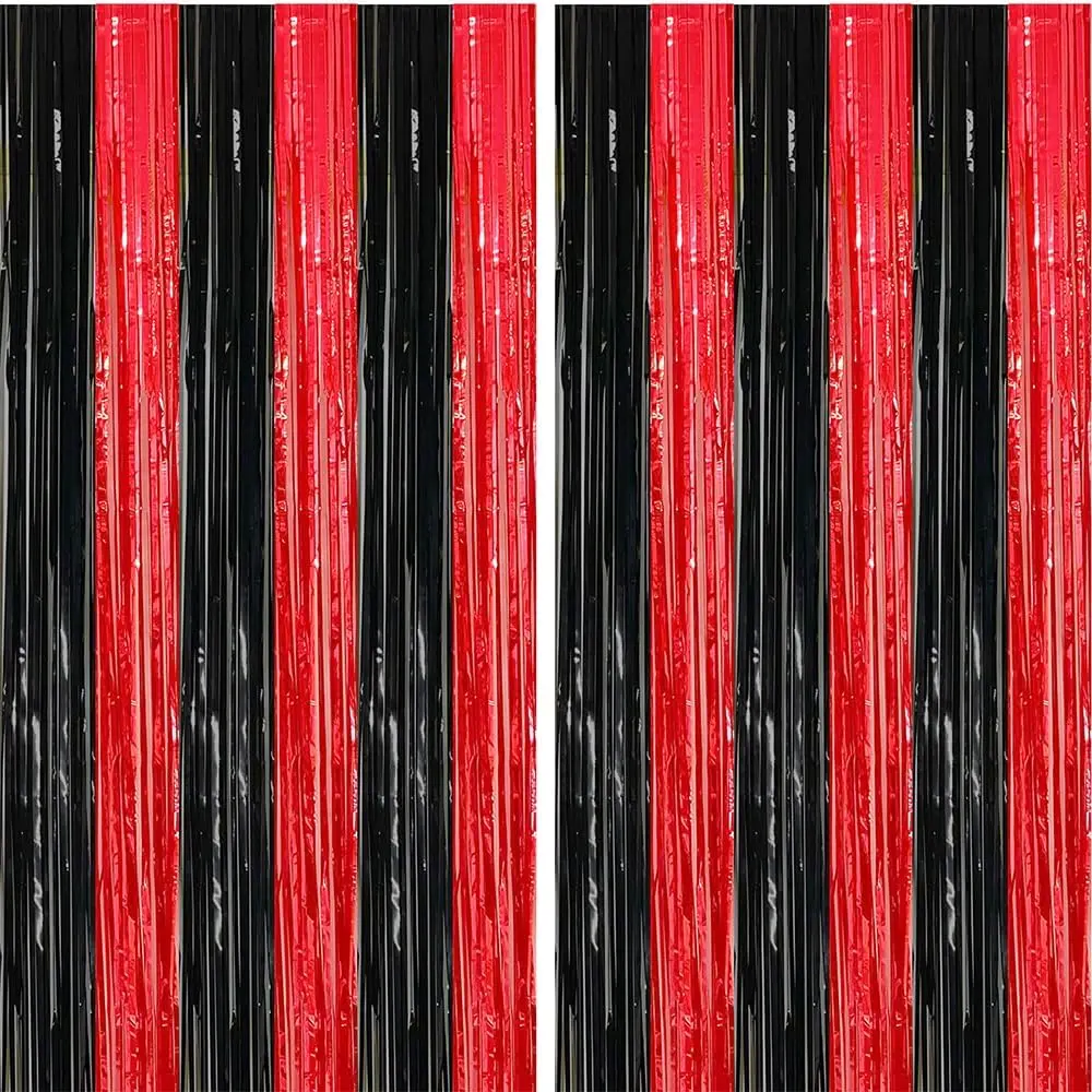 2-Pack Modern Synthetic Black-Red Foil Fringe Tinsel Party Backdrop Curtain, 3.3x6.6ft Metallic Photo Booth Prop Streamer for Birthday, Wedding Party Decor