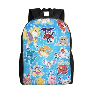 Digimon Full Digimon Collage Circuit Background Backpack Waterproof Oxford 2D Full Print Adjustable Padded Straps Classic Digimon Anime Kids Daypack For Digimon Fans Carry Bag